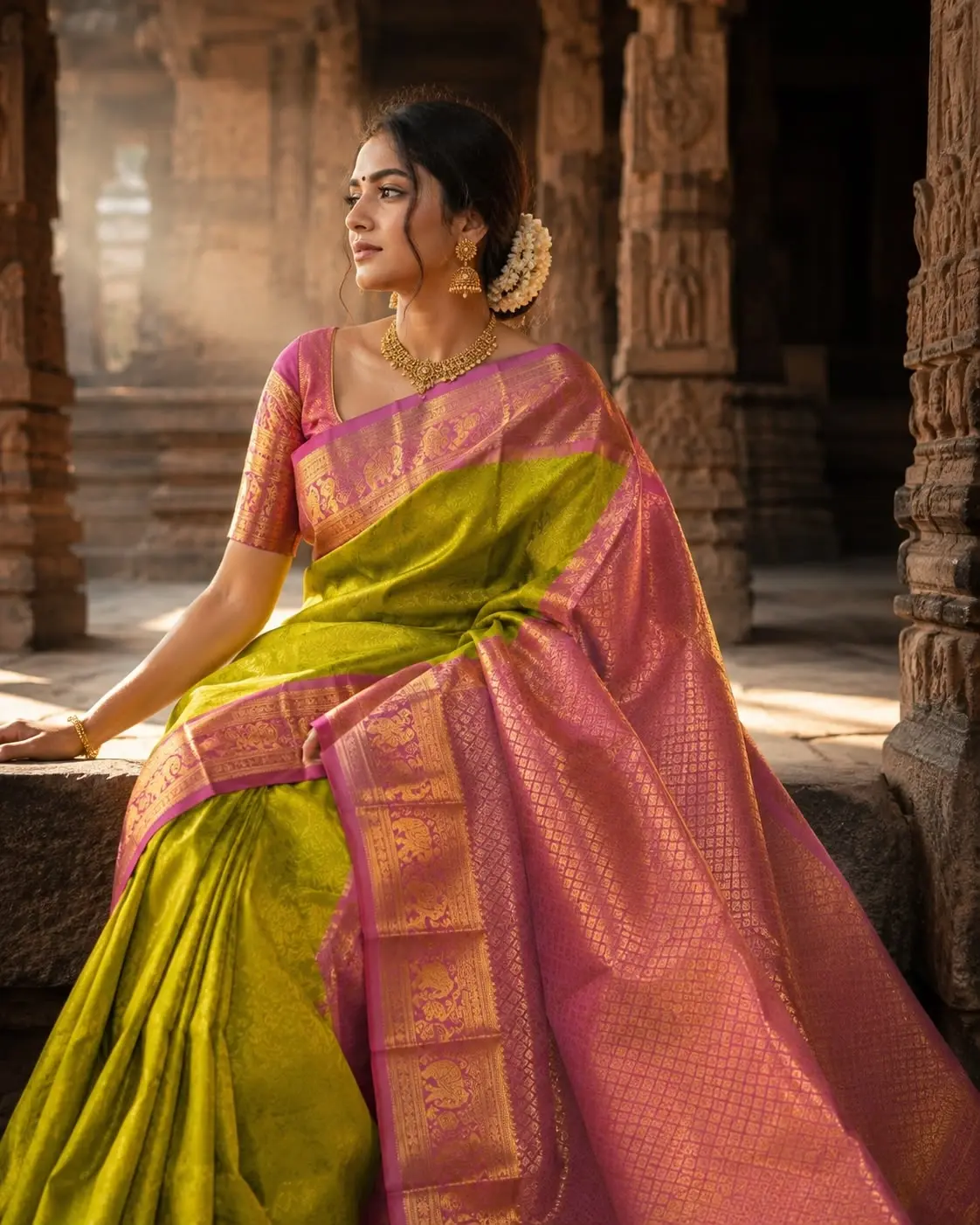 Peach Pink Kanchipuram Contrast Silk Saree